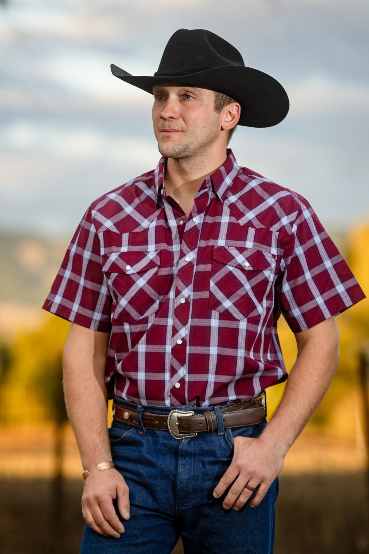 Men's Western Print Short Sleeve Shirt in #10 Black/White Plaid