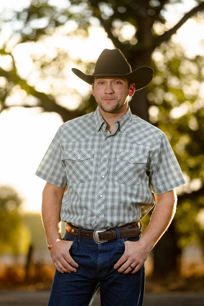 Men's Western Print Short Sleeve Shirt in #10 Black/White Plaid