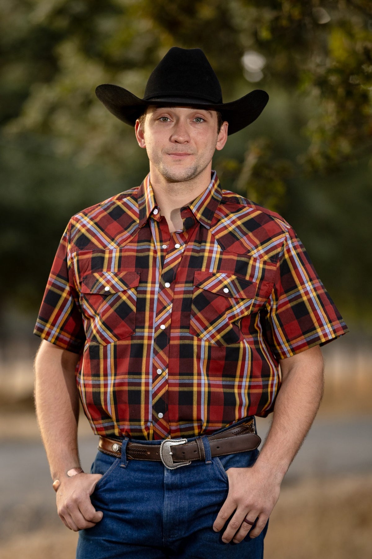 Men's Western Print Short Sleeve Shirt in #10 Black/White Plaid